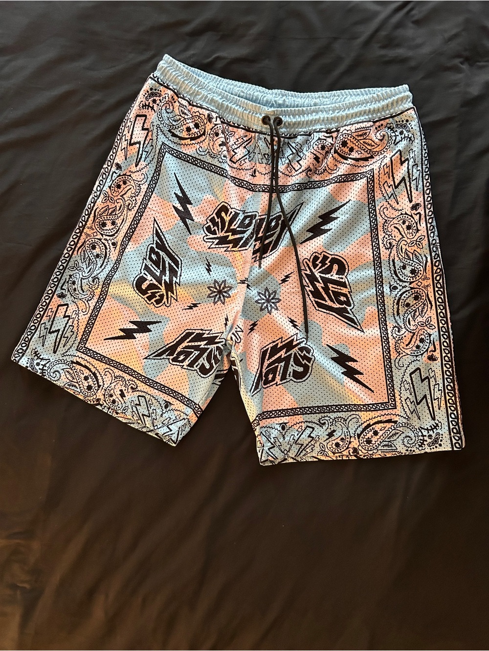 Men's Athletic Mesh Bandana Print Shorts - Light Blue, Black and White